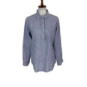 Per Se‎ Blue Linen Blend Long Sleeve Top Medium Lightweight Popover